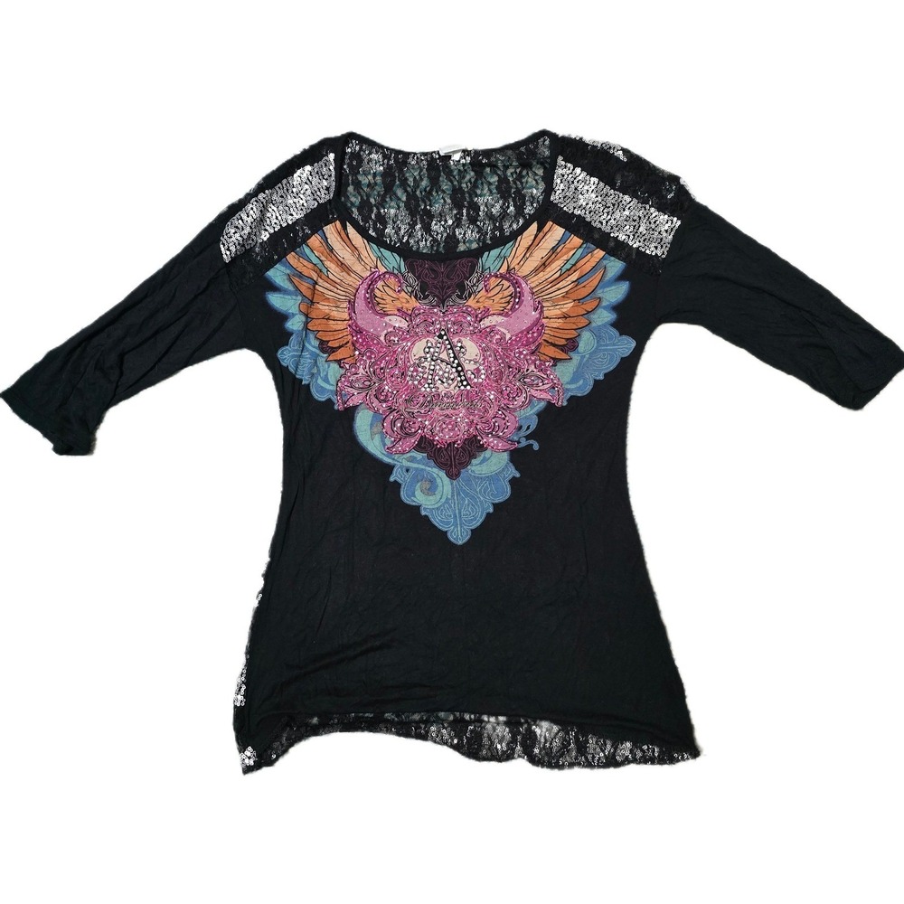 Angels And Diamonds Rhinestone And Lace Tee, 3/4 Sleeve Black And Pink Wings MD